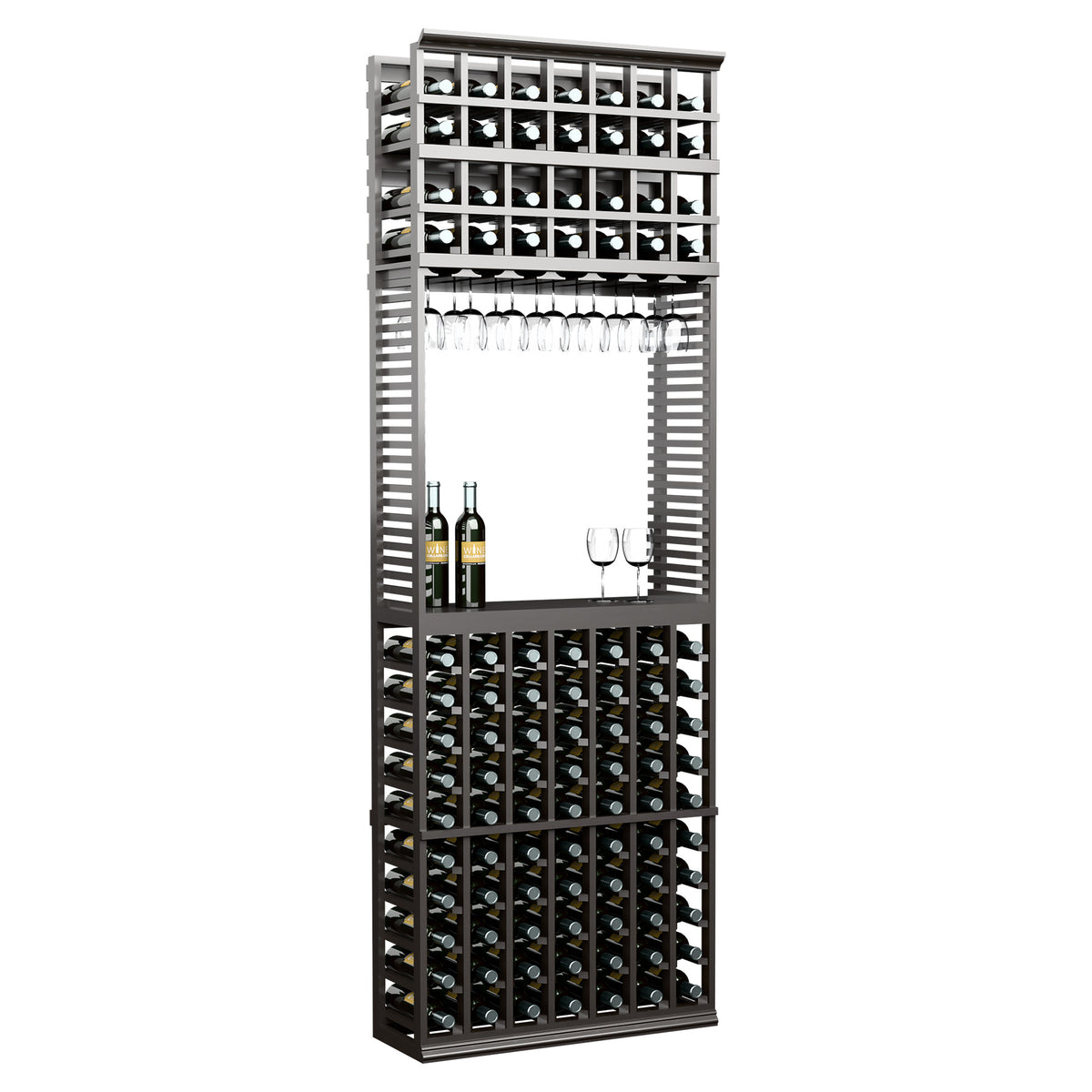 Wine tasting station with wine bottle and stemware racks, charcoal wood finish