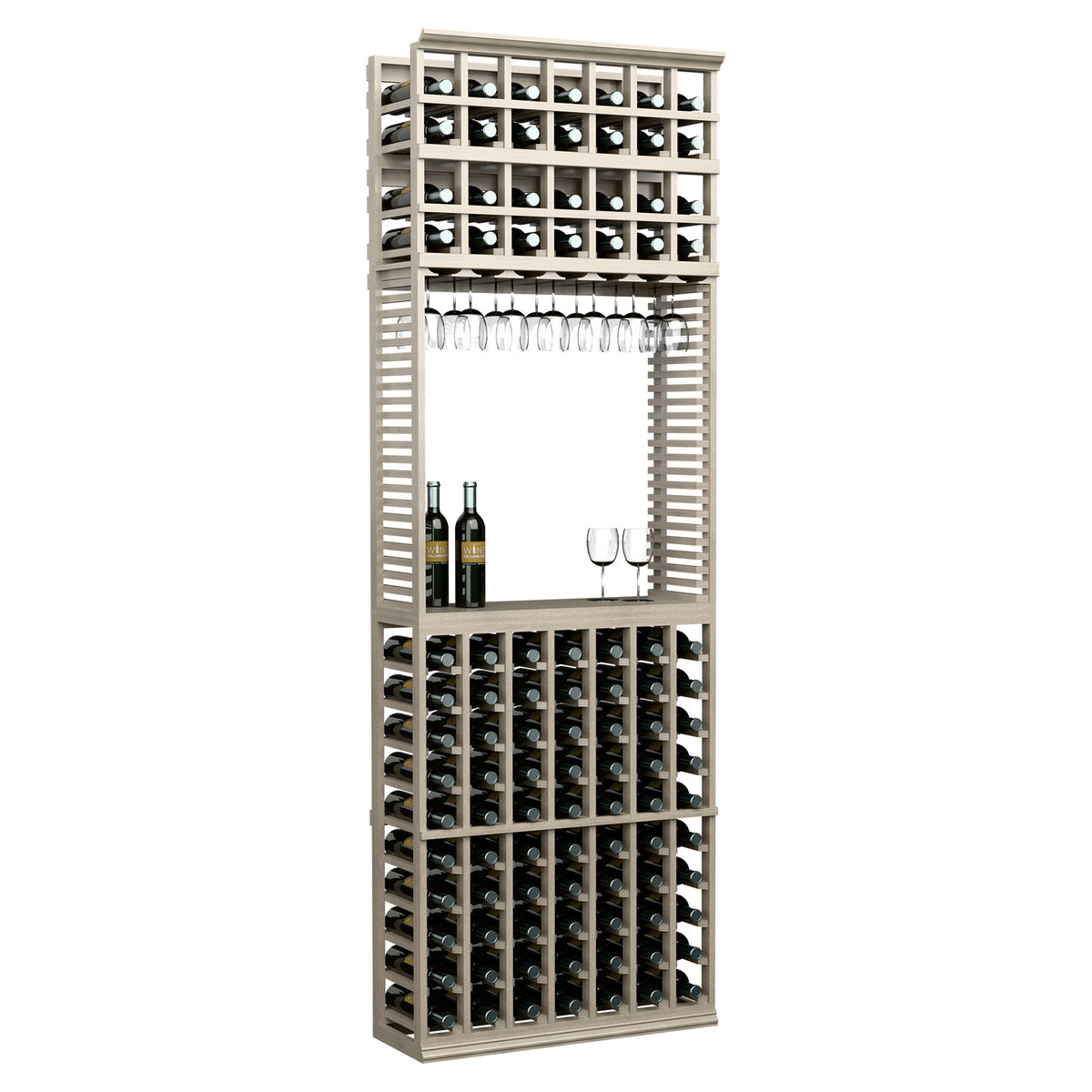 Front-facing 8ft wine tasting station with stemware rack and bottle slots, dark gray