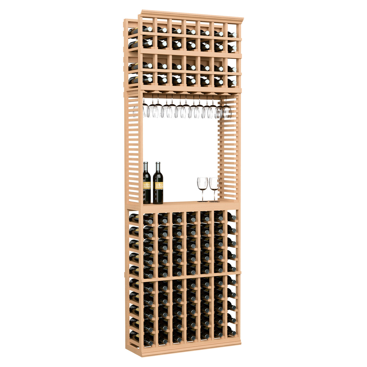 8ft wine tasting station with stemware rack and bottle slots, natural light wood