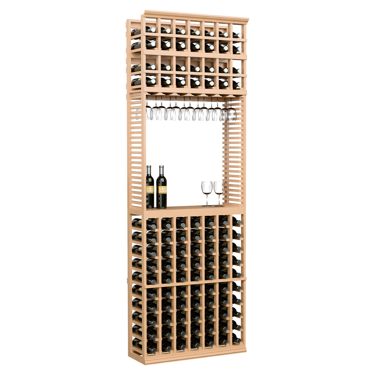 Front view 8ft wine tasting station with stemware rack and bottle slots, natural light