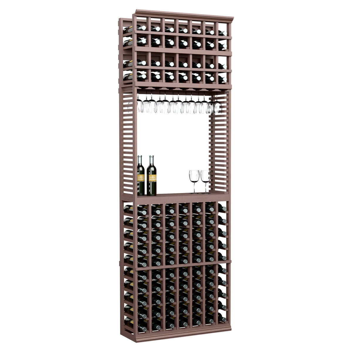 8ft wine tasting station with stemware rack and bottle slots, espresso brown finish