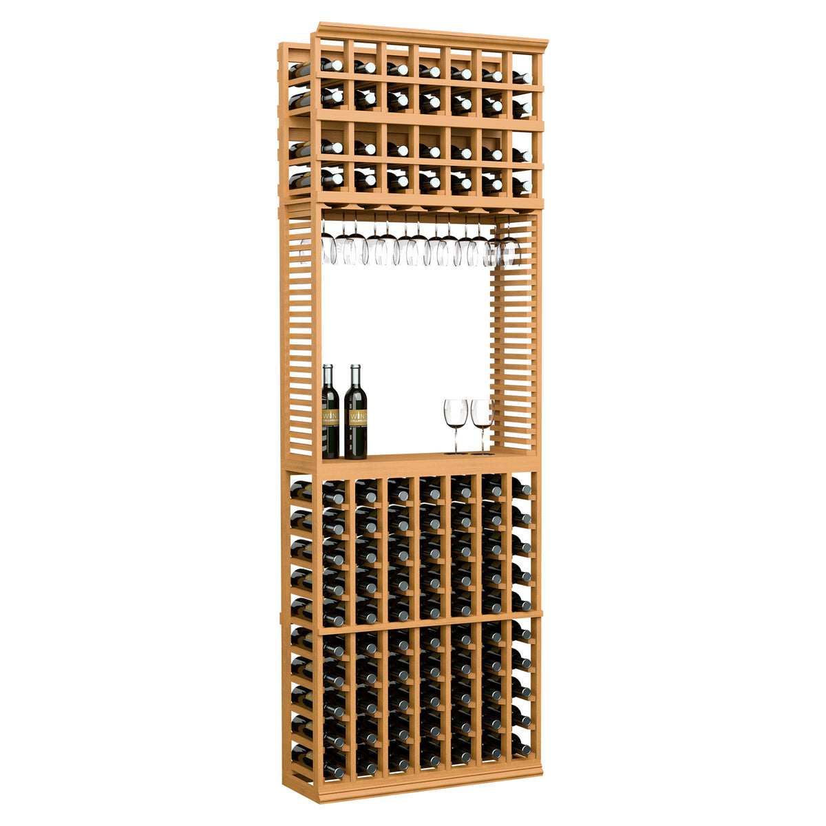 8ft wine tasting station with stemware rack and bottle slots, warm light wood finish