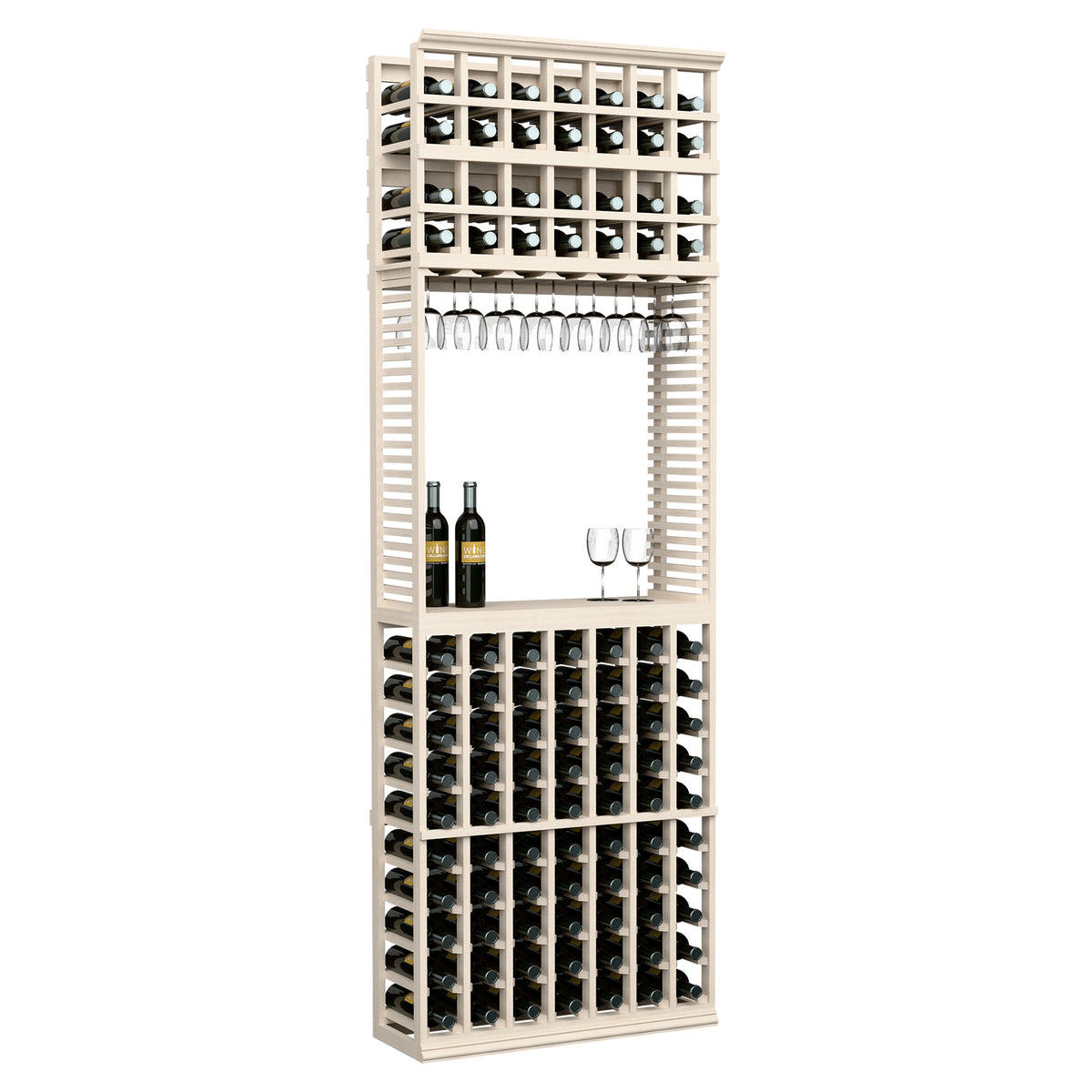 8ft wine tasting station with stemware rack and bottle slots, whitewashed finish