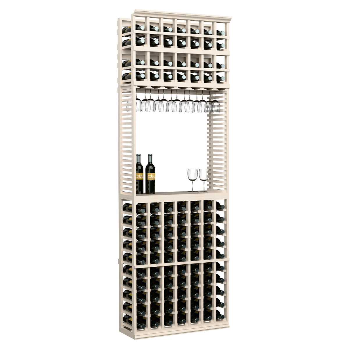 Front-facing 8ft wine tasting station with stemware rack and bottle slots, whitewash