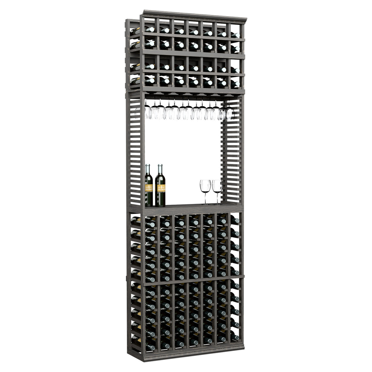 Wood wine tasting station with stemware rack and bottle storage, dark finish cabinet