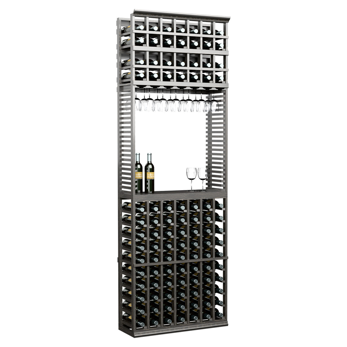 Wood wine tasting station with stemware rack and bottle storage, dark finish cabinet