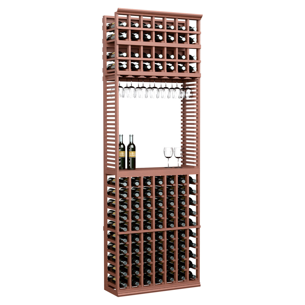 Wood wine tasting station with stemware rack and bottle storage, warm red-brown finish