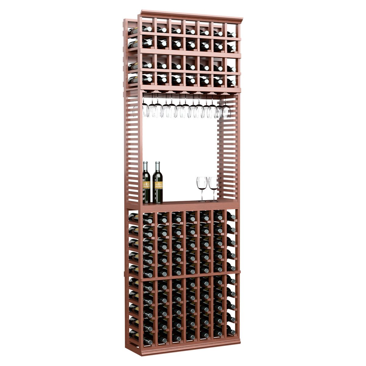 Wood wine tasting station with stemware rack and bottle storage, warm red-brown finish