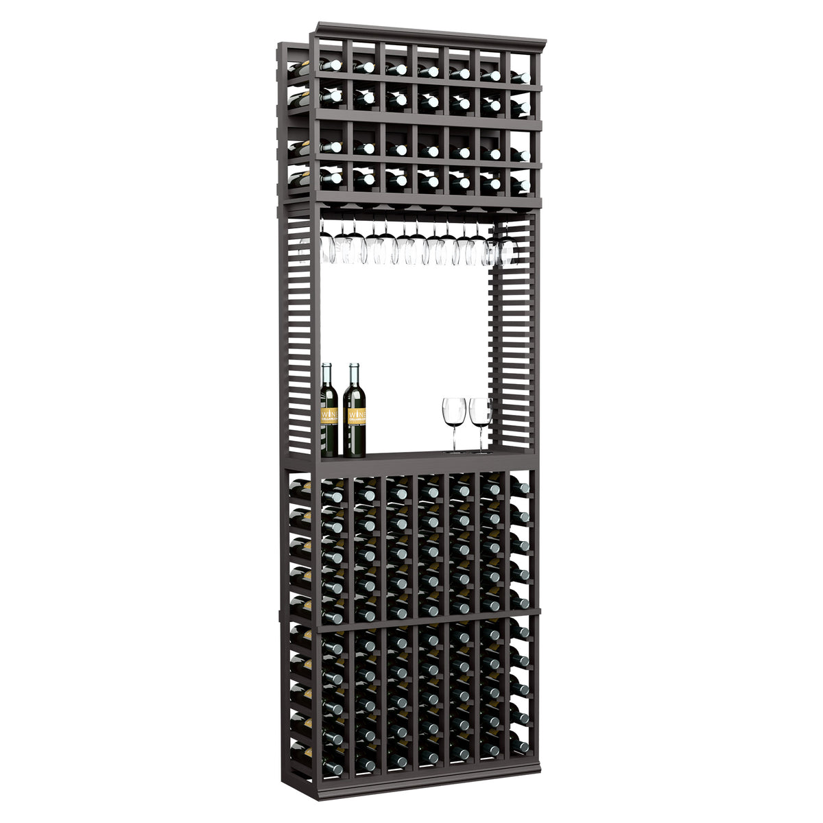 Wood wine tasting station with stemware rack and bottle storage, dark finish cabinet