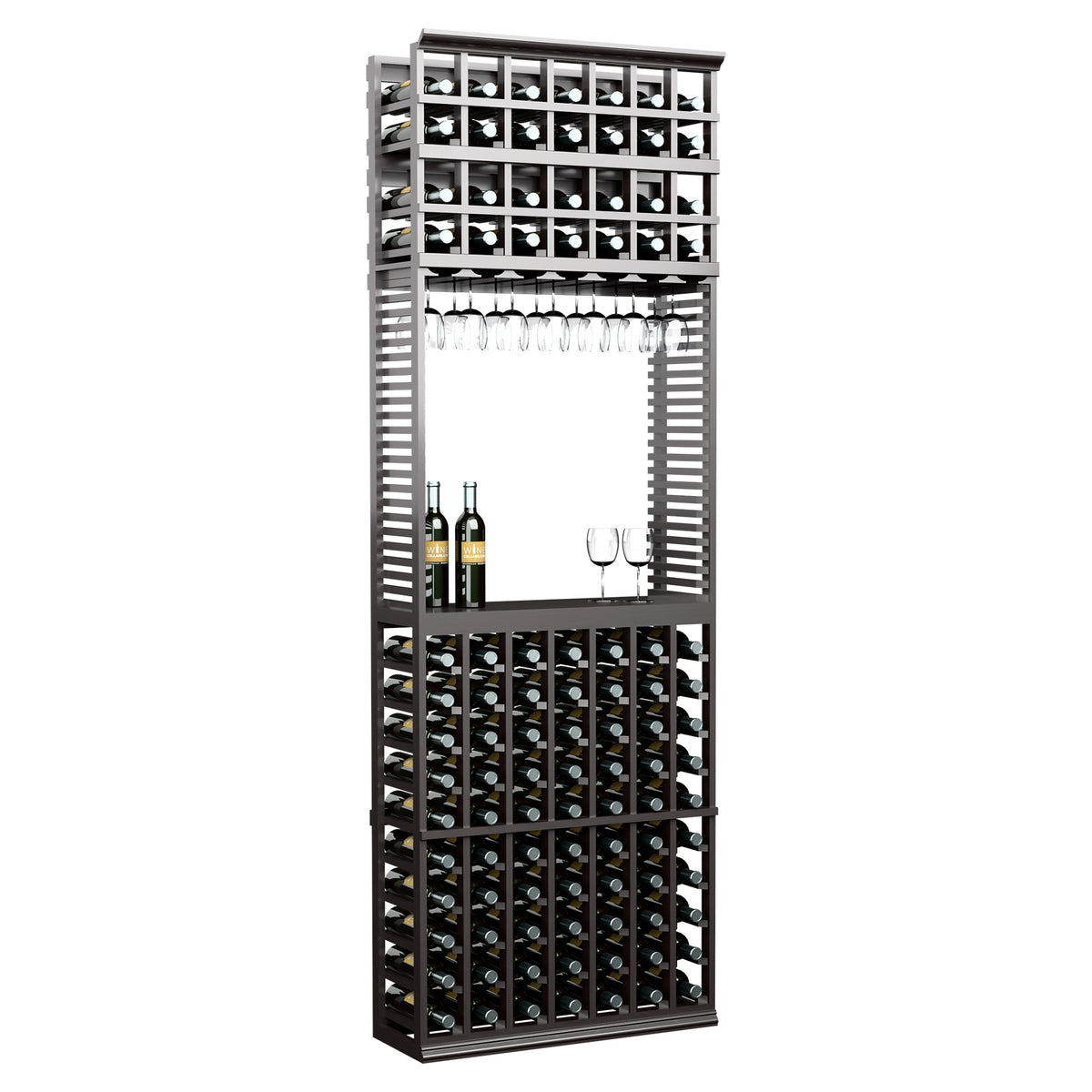 Wood wine tasting station with stemware rack and bottle storage, dark finish cabinet