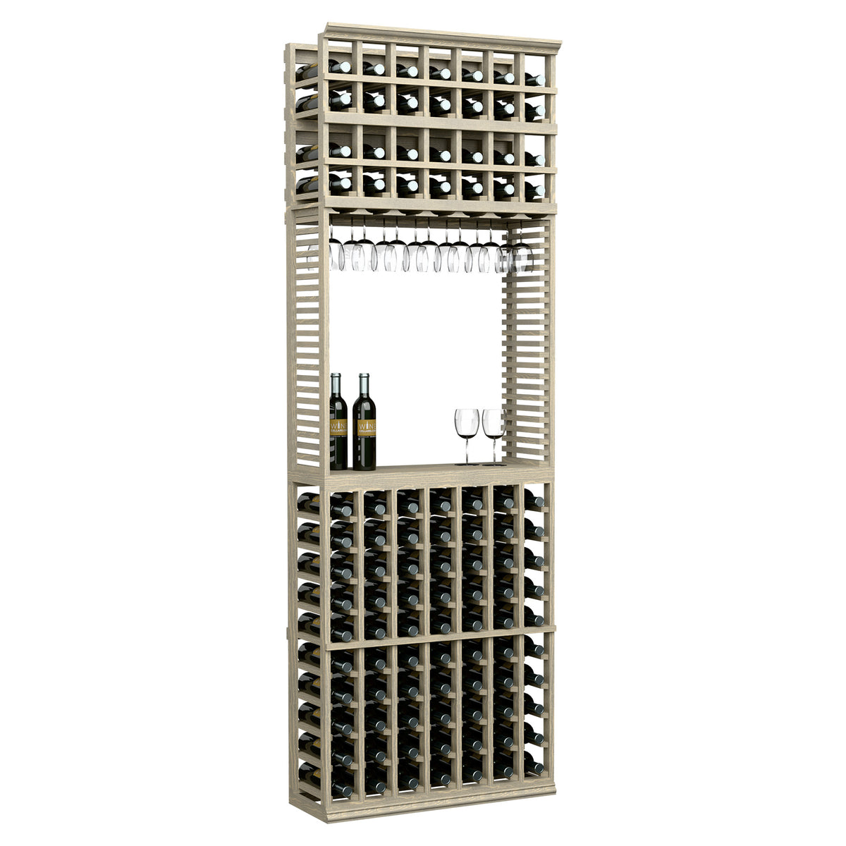 Wine tasting station with stemware rack and bottle storage, light wood finish