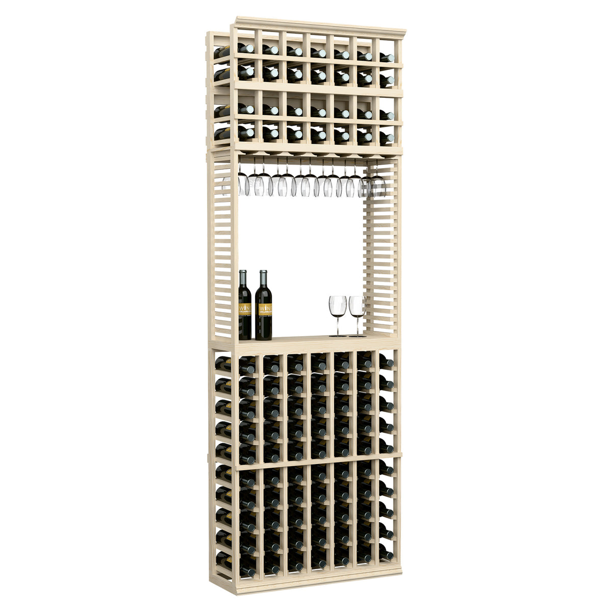 Wine tasting station with stemware rack and bottle storage, light wood finish