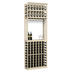 Wine tasting station with stemware rack and bottle storage, light wood finish
