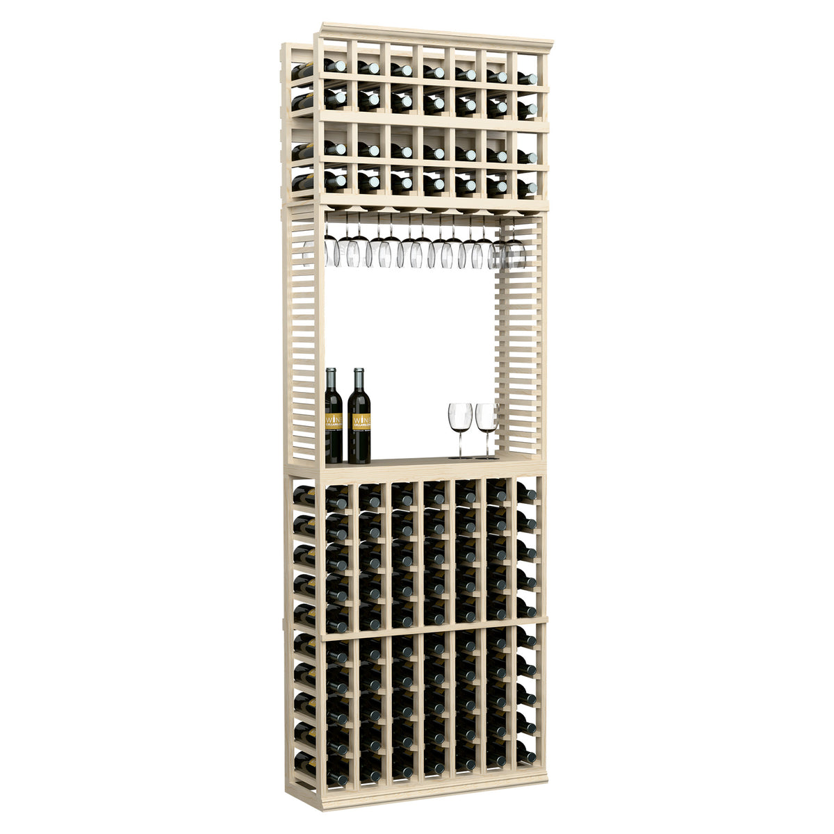 Wine tasting station with stemware rack and bottle storage, light wood finish