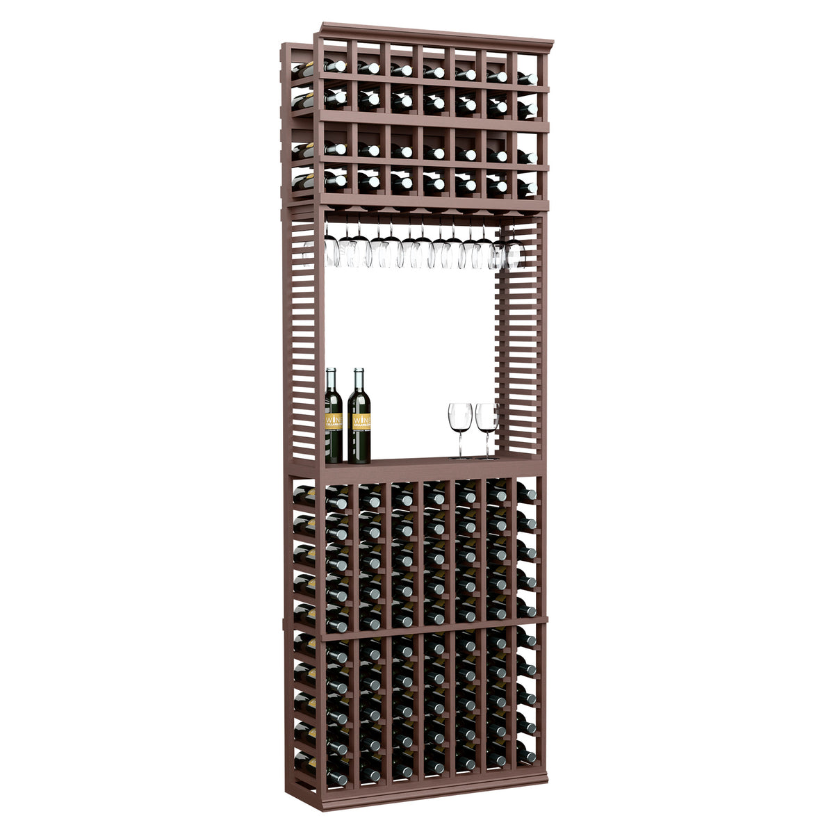 Wine tasting station with stemware rack and bottle storage, dark wood finish