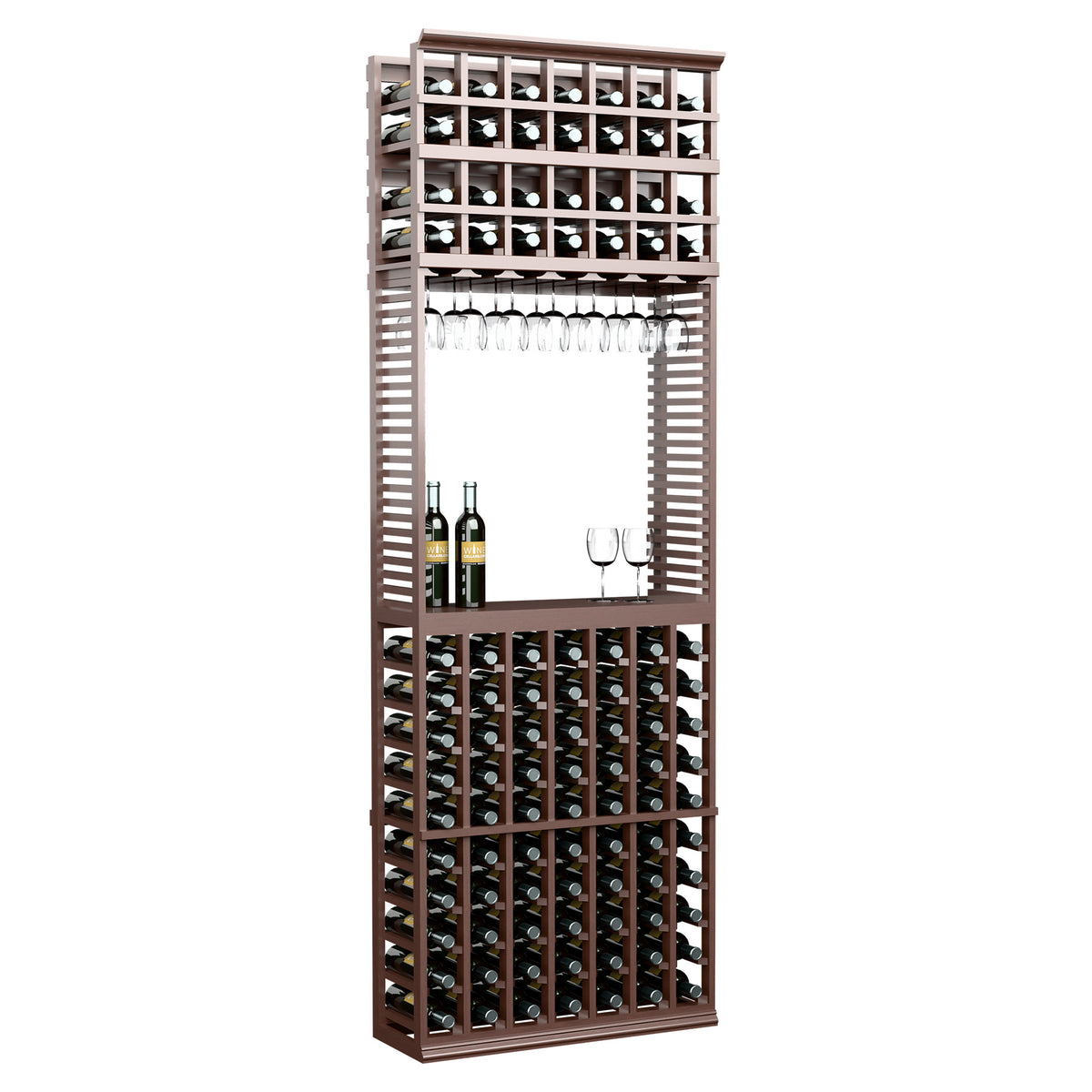 Wine tasting station with stemware rack and bottle storage, dark wood finish