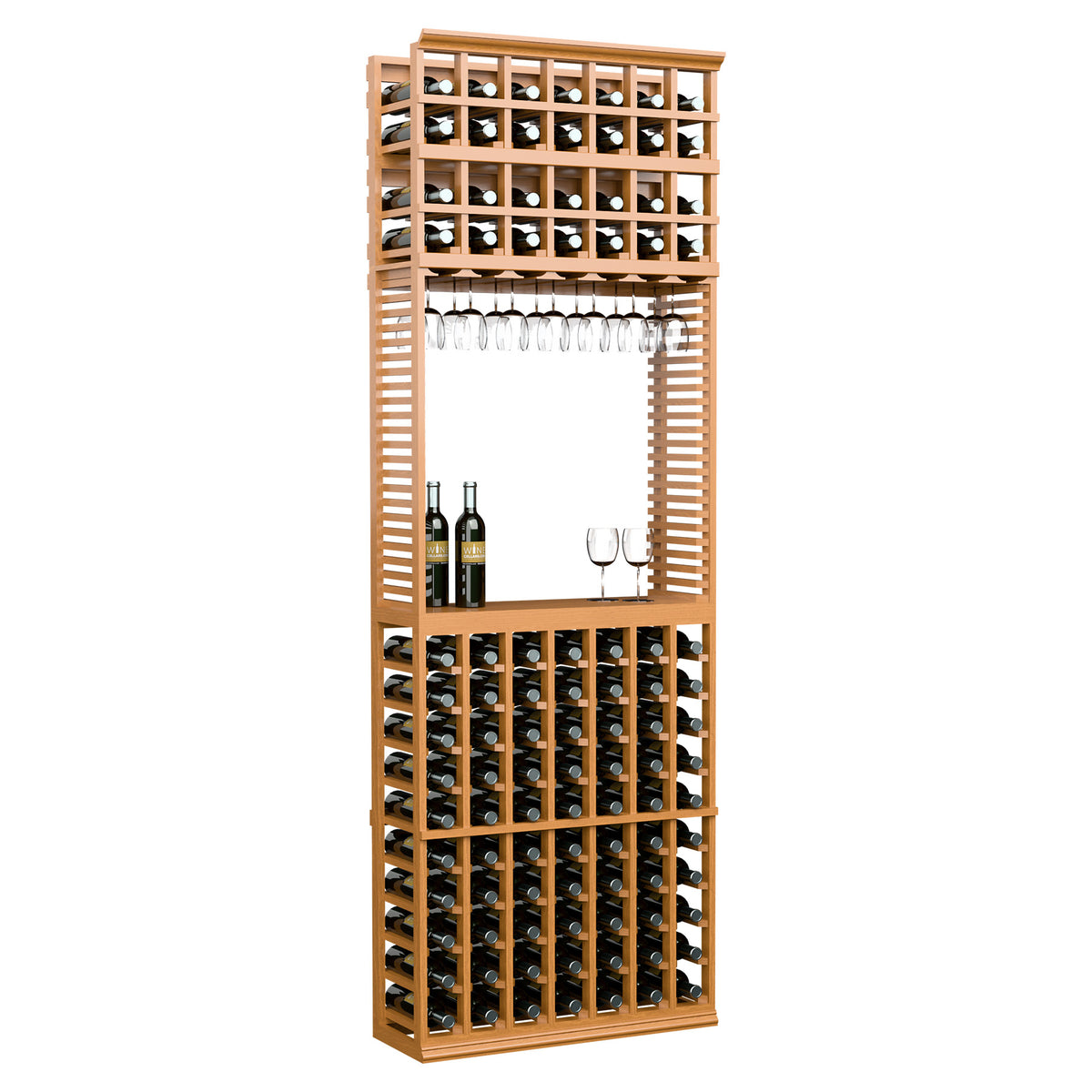 Wine tasting station with stemware rack and bottle storage, natural light wood finish