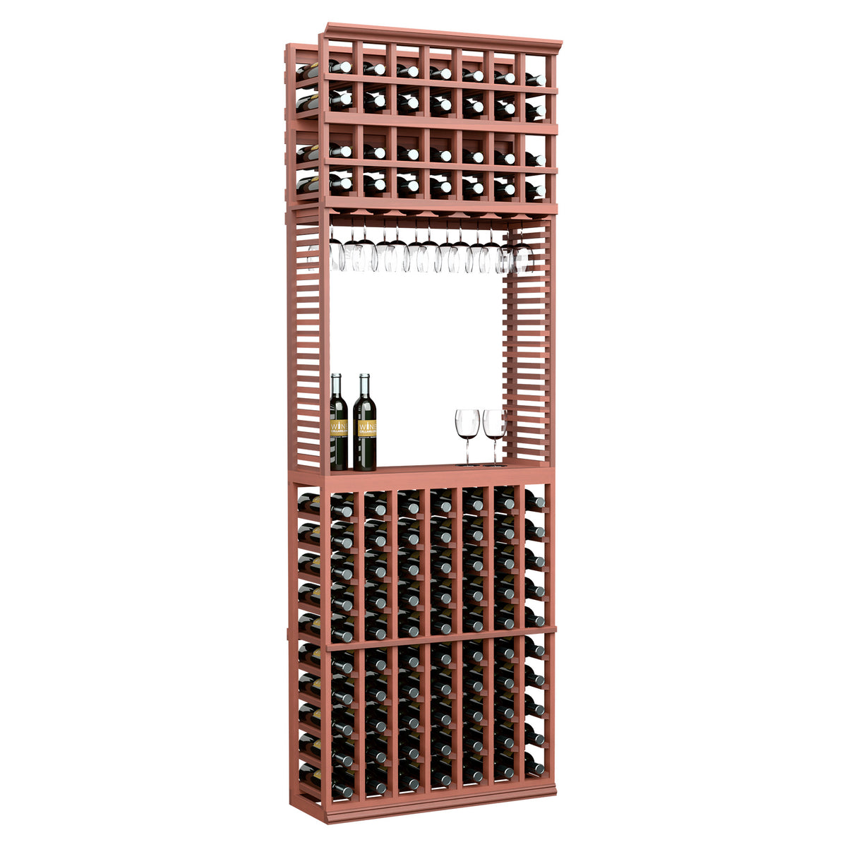Wine tasting station with stemware rack, reddish wood frame, stores wine bottles and glassware