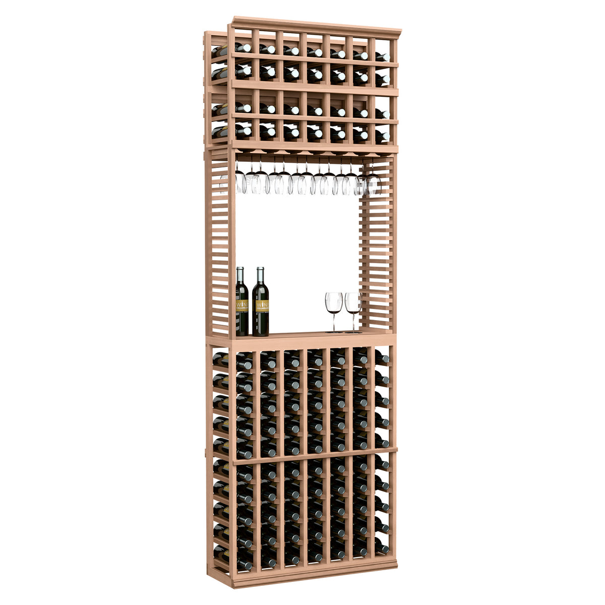Wine tasting station with stemware rack, light wood frame, stores wine bottles and stemmed glasses