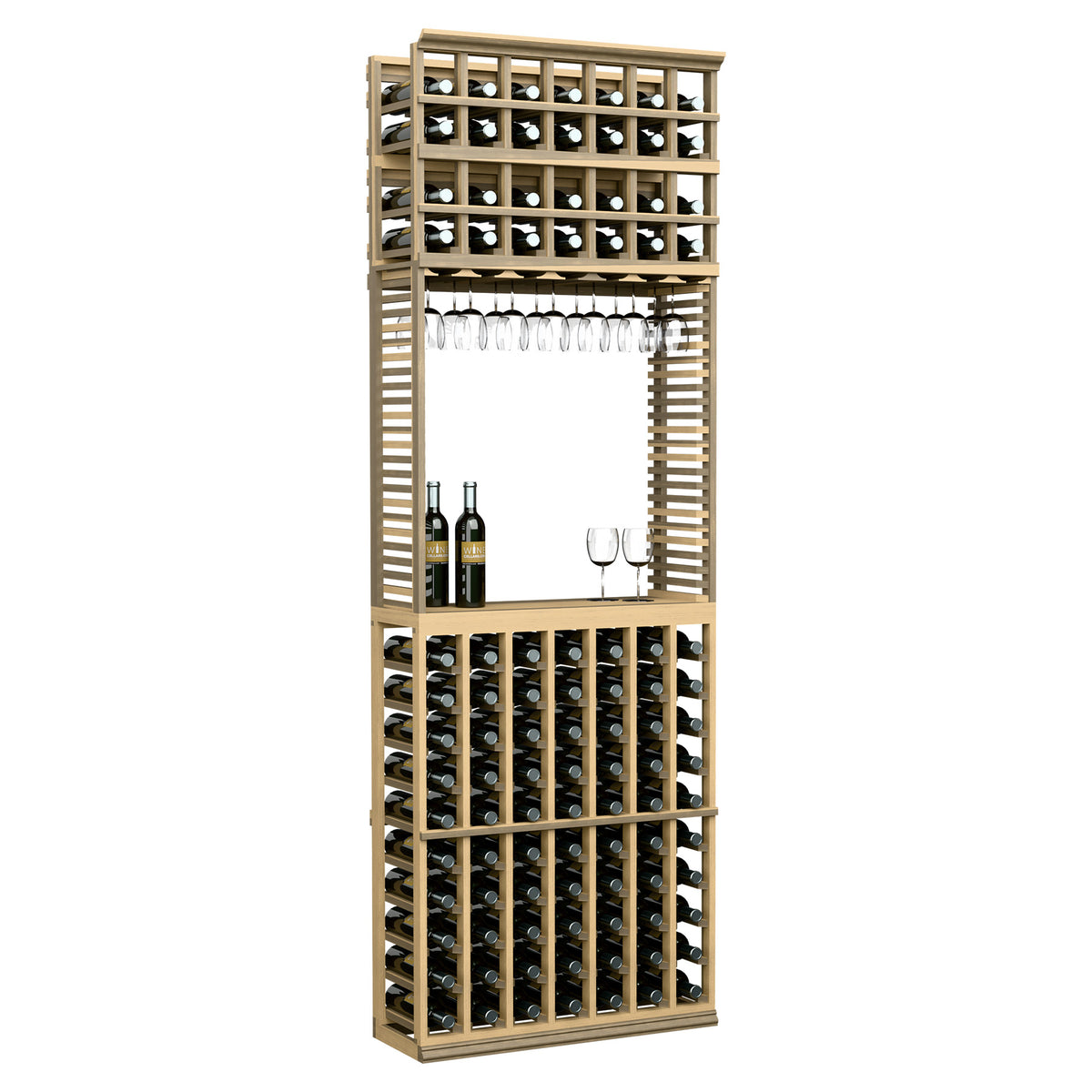 Wine tasting station with stemware rack, light wood frame, top wine grid and center stemware row
