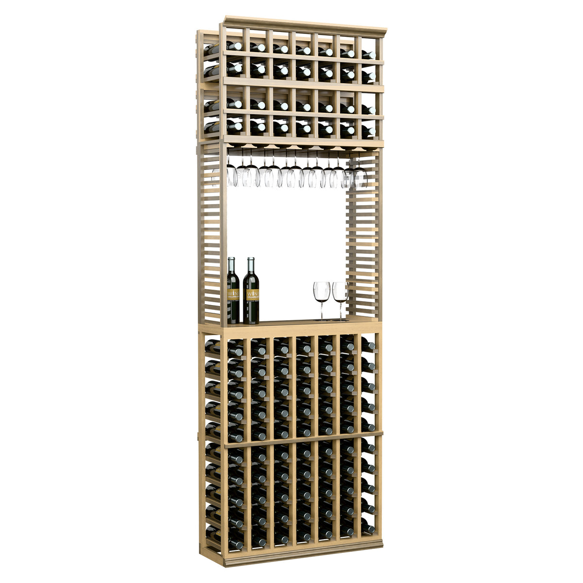 Wine tasting station with stemware rack, light wood frame, front bottles and hanging glassware