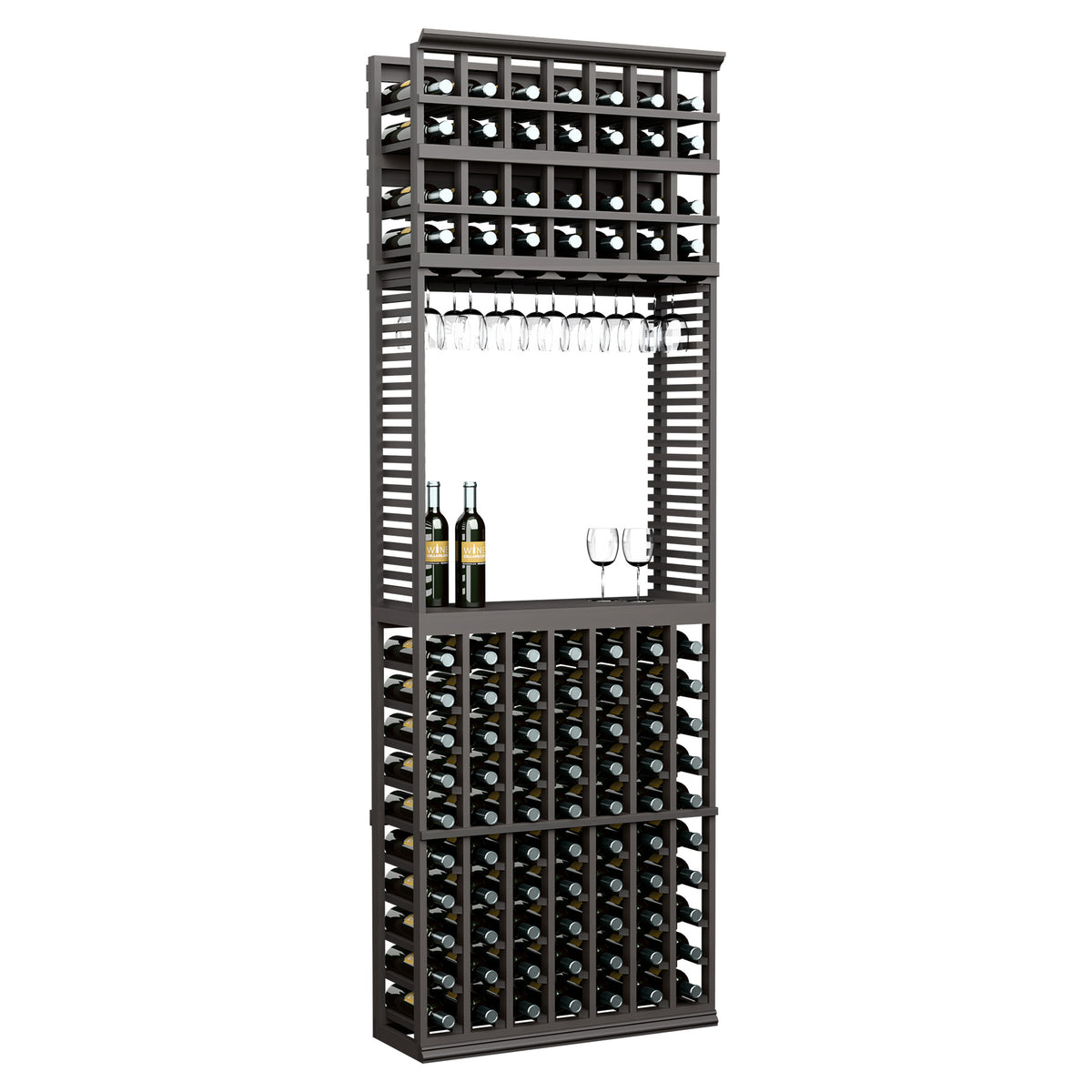 Wine tasting station with stemware rack, dark frame, holds wine bottles and hanging stem glasses