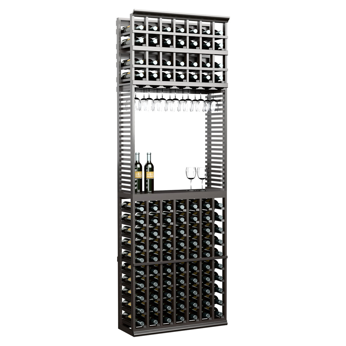 Wine tasting station with stemware rack, dark frame, bottle racks with center glass display