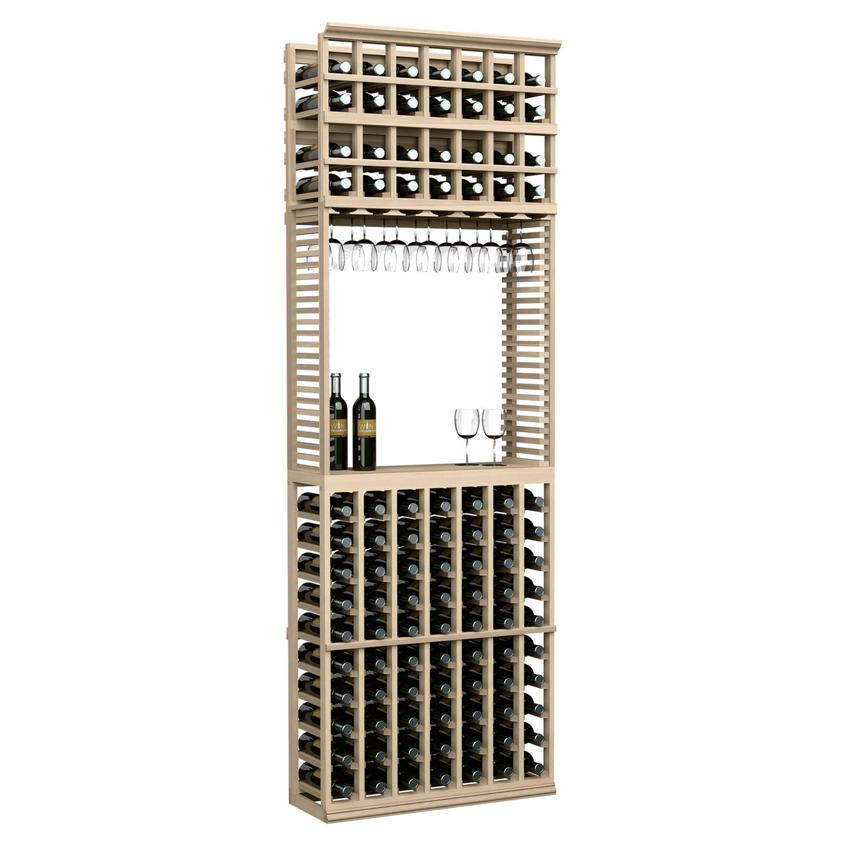 Wine tasting station with stemware rack, whitewashed wood, top bottle cubbies