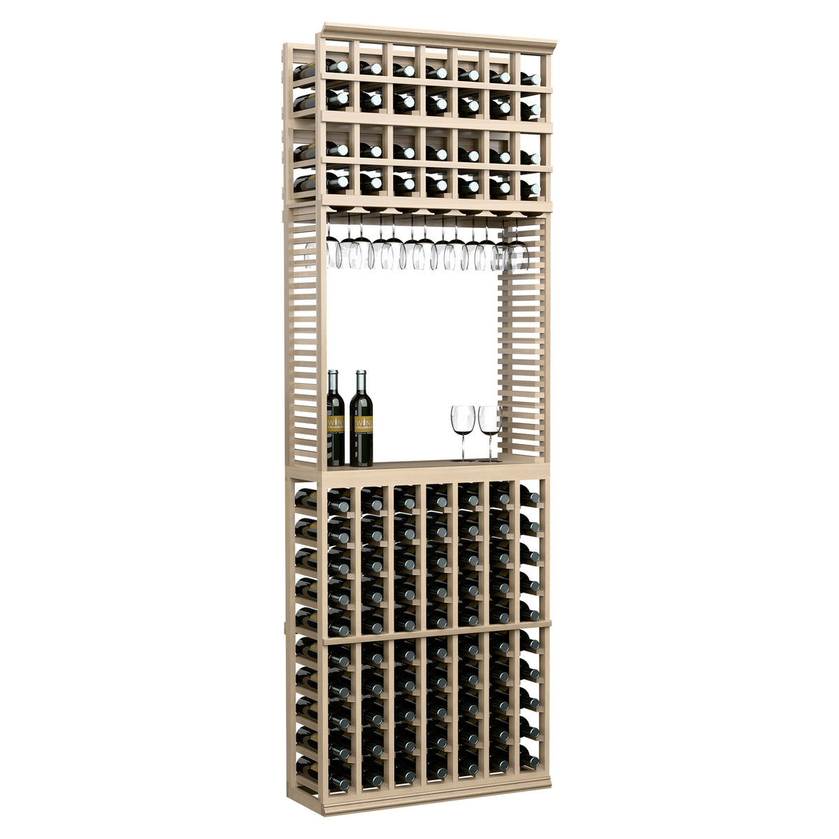 Wine tasting station with stemware rack, whitewashed wood, bottom bottle storage