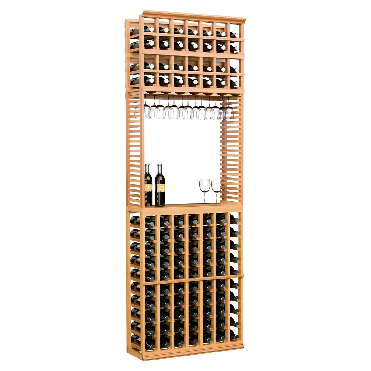 Wine tasting station with stemware rack, natural wood finish, glass stem holder