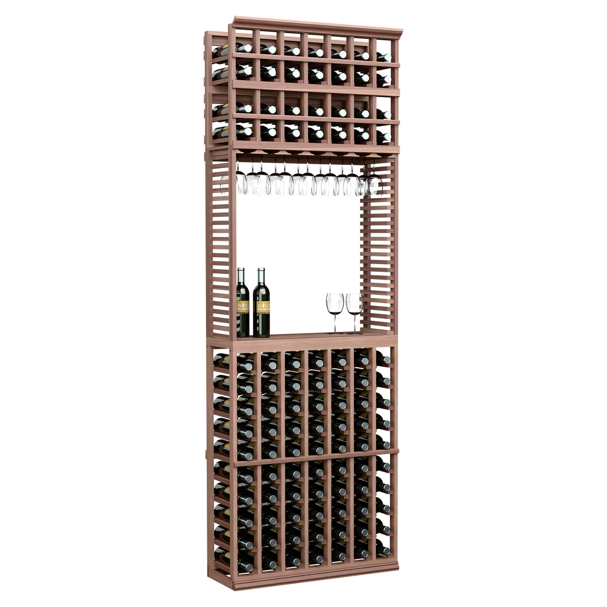 Wine tasting station with stemware rack, walnut brown finish, wine bottle storage