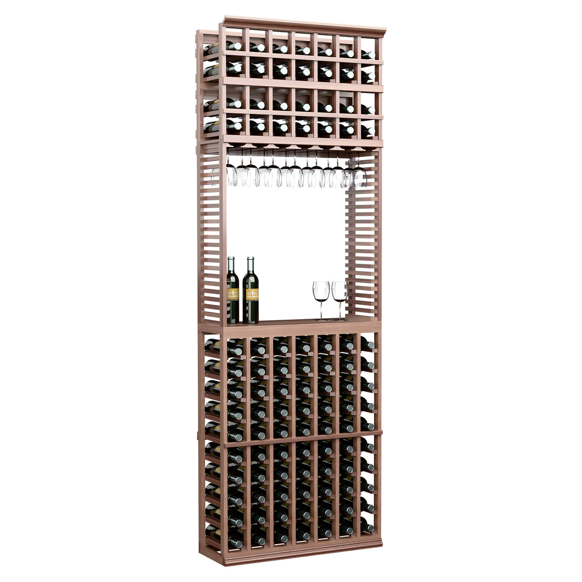 Wine tasting station with stemware rack, walnut brown finish, top and bottom bottle racks
