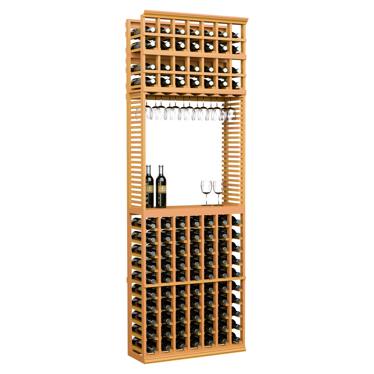 Wine tasting station with stemware rack, warm honey wood, holds bottles and stemware