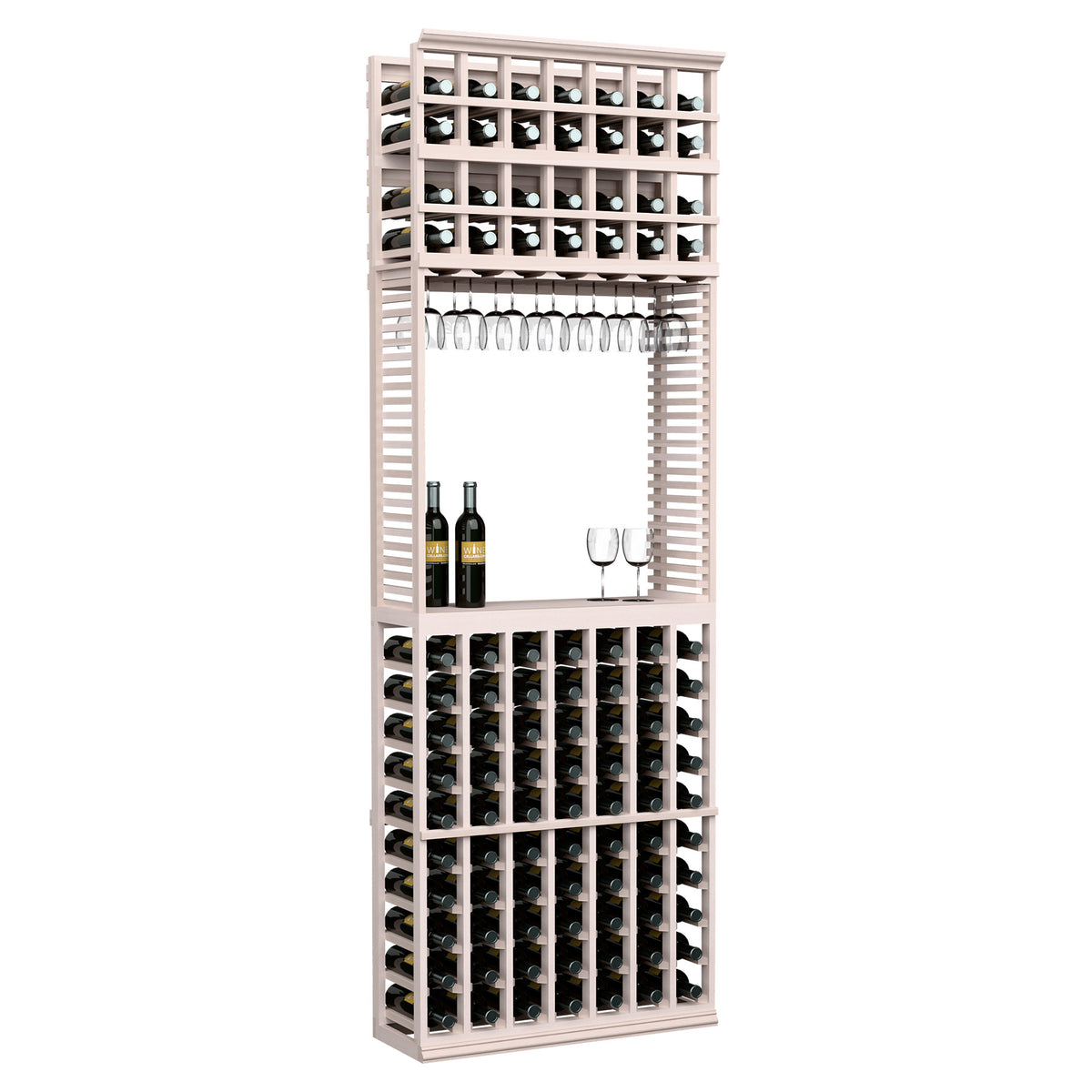 Wine tasting station with stemware rack, grey-washed wood, wine bottle cubbies