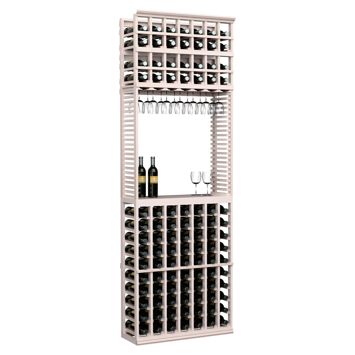 Wine tasting station with stemware rack, grey-washed wood, stemware hanger and bottle slots