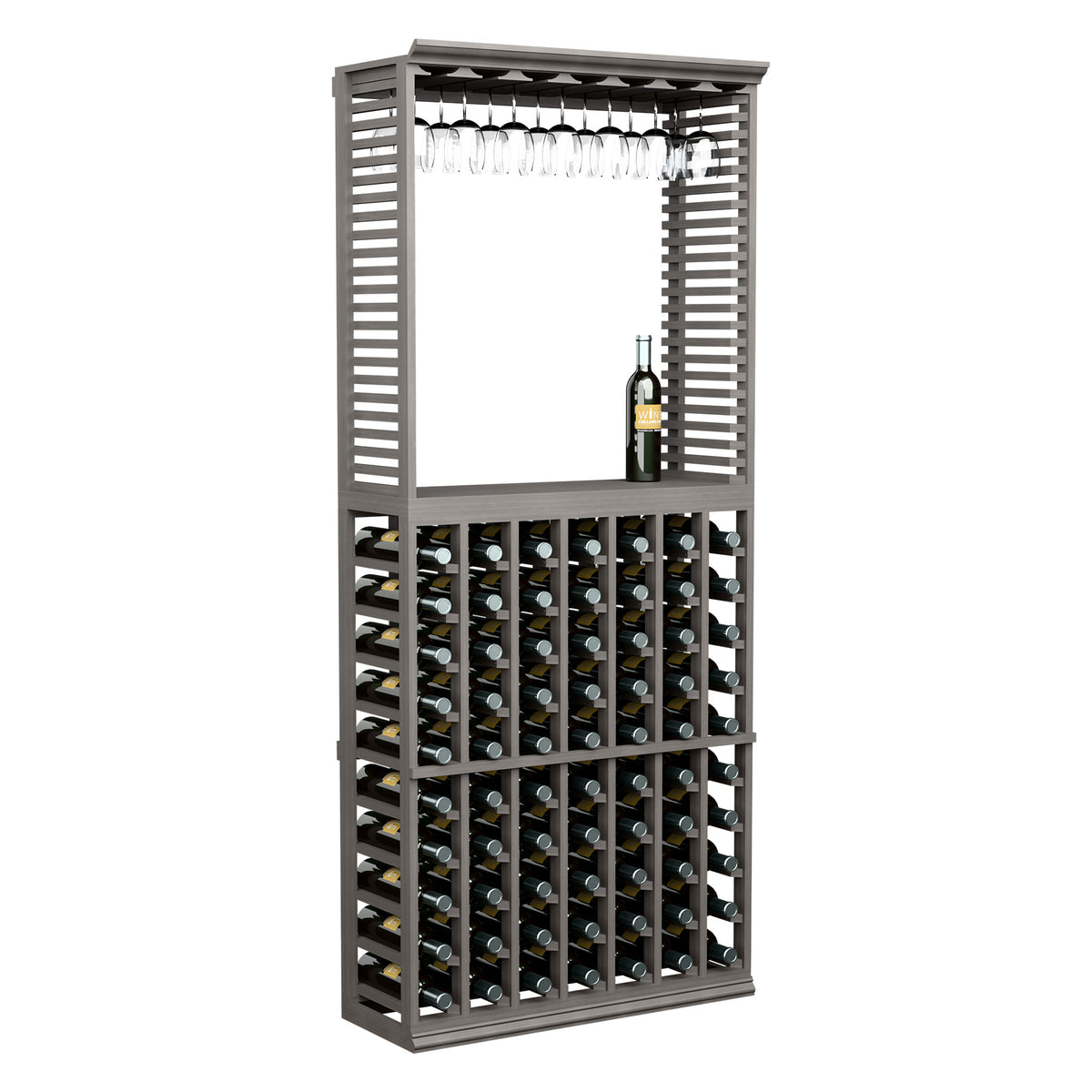 Dark grey wine tasting station with stemware rack and wine bottle grid, bottle inside