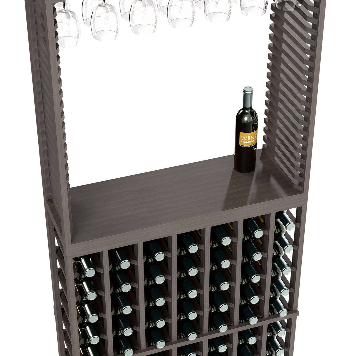 Dark grey wine tasting station with stemware rack and wine bottle holders, bottle on shelf
