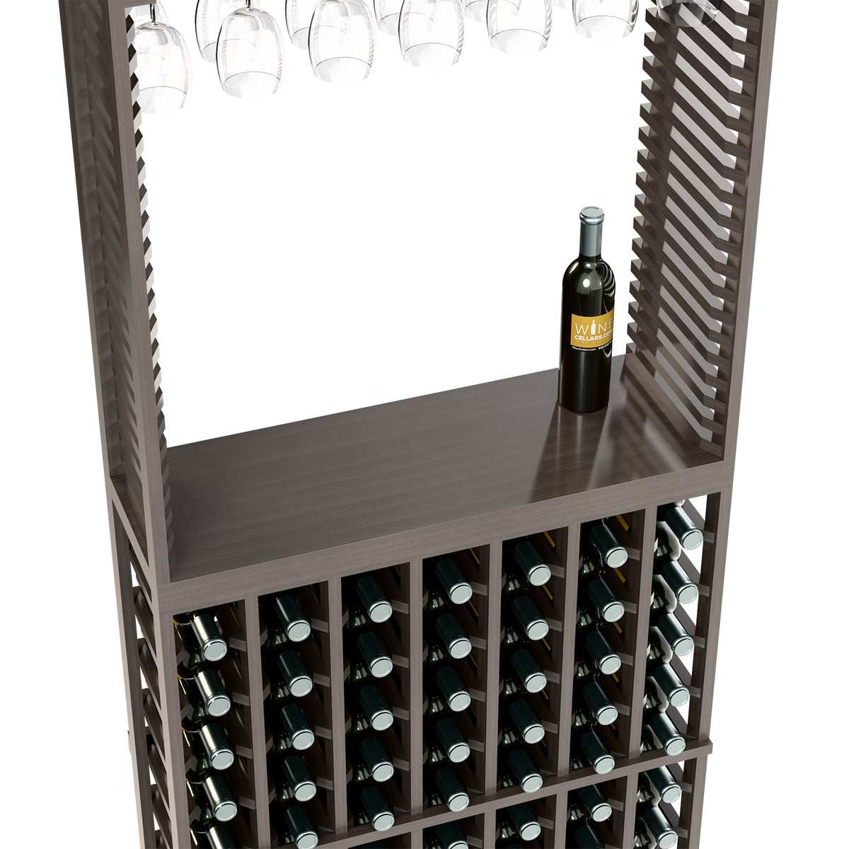 Dark grey wine tasting station with stemware rack and wine bottle holders, bottle on side shelf