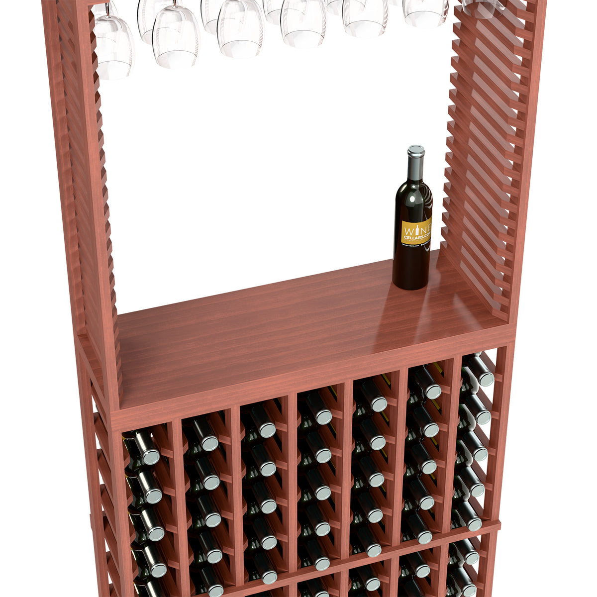 Reddish wood wine tasting station with stemware rack and wine bottle holders, bottle on shelf