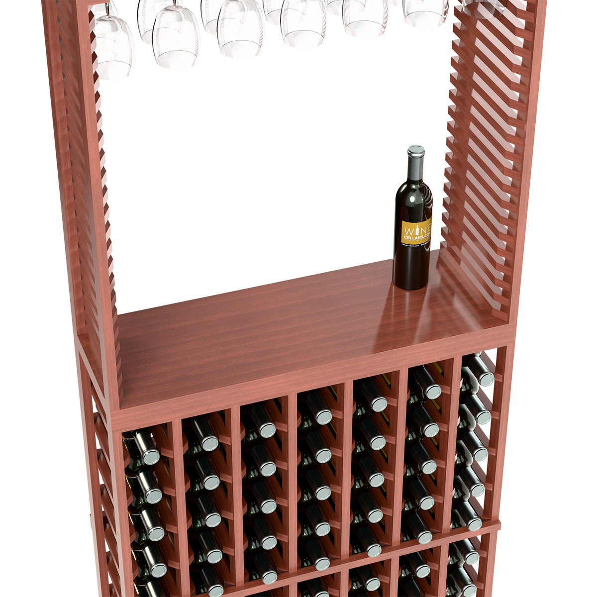 Wood wine tasting station with tabletop and lower wine bottle slots, plus hanging stemware.