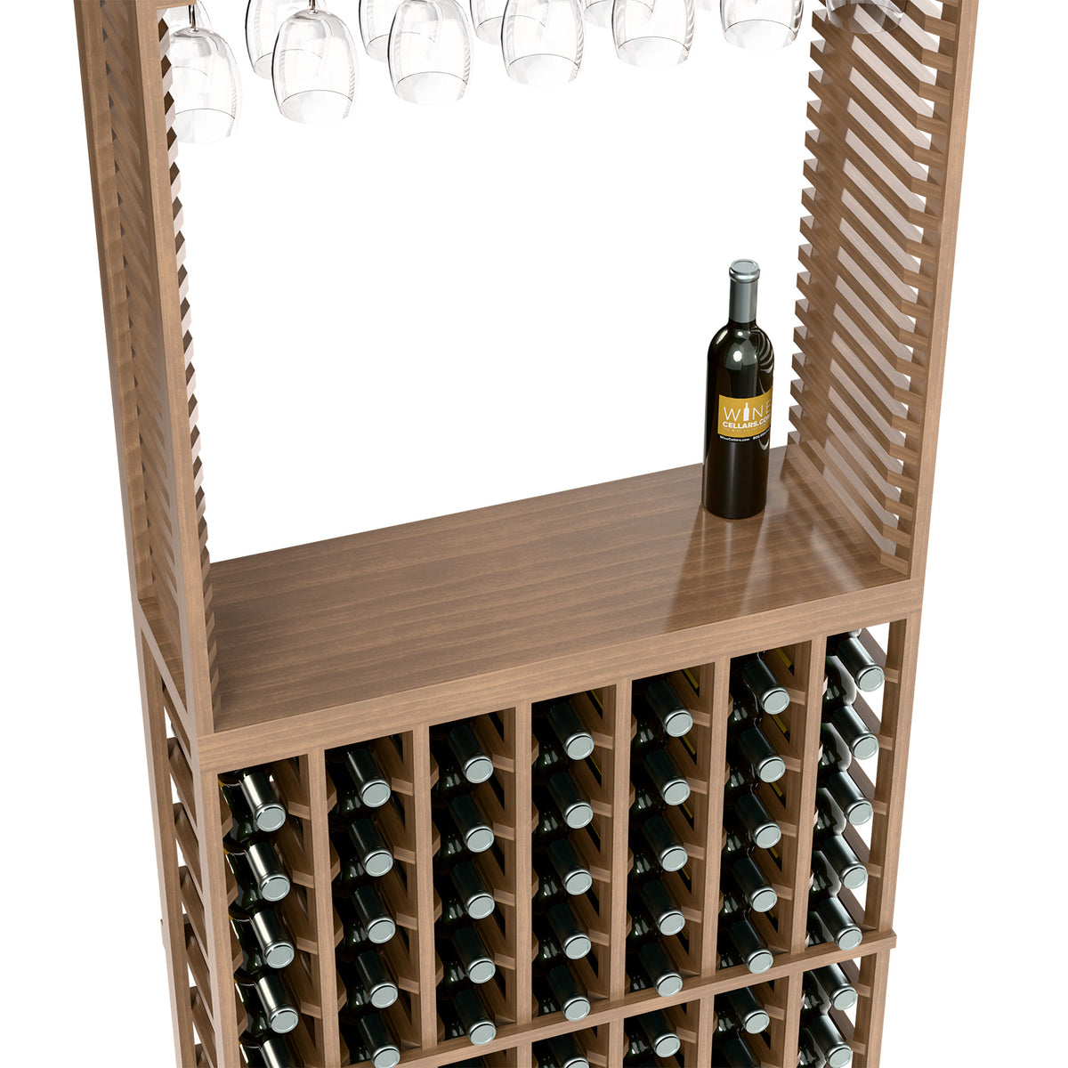 Wood wine tasting station side view with stemware rack, tabletop bottle, and bottle storage rack.