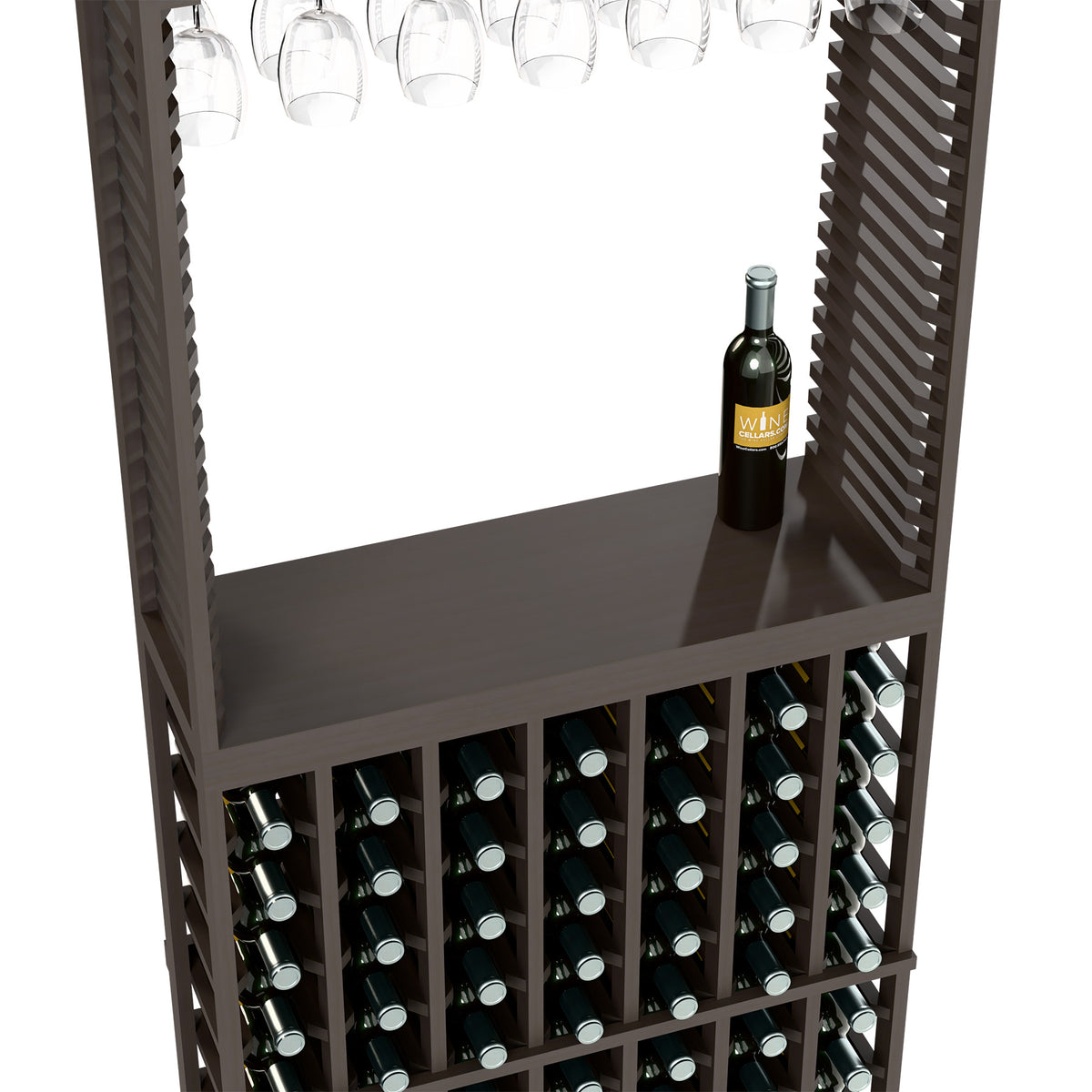 Wine tasting station with stemware row, top shelf, and bottle racks for many bottles