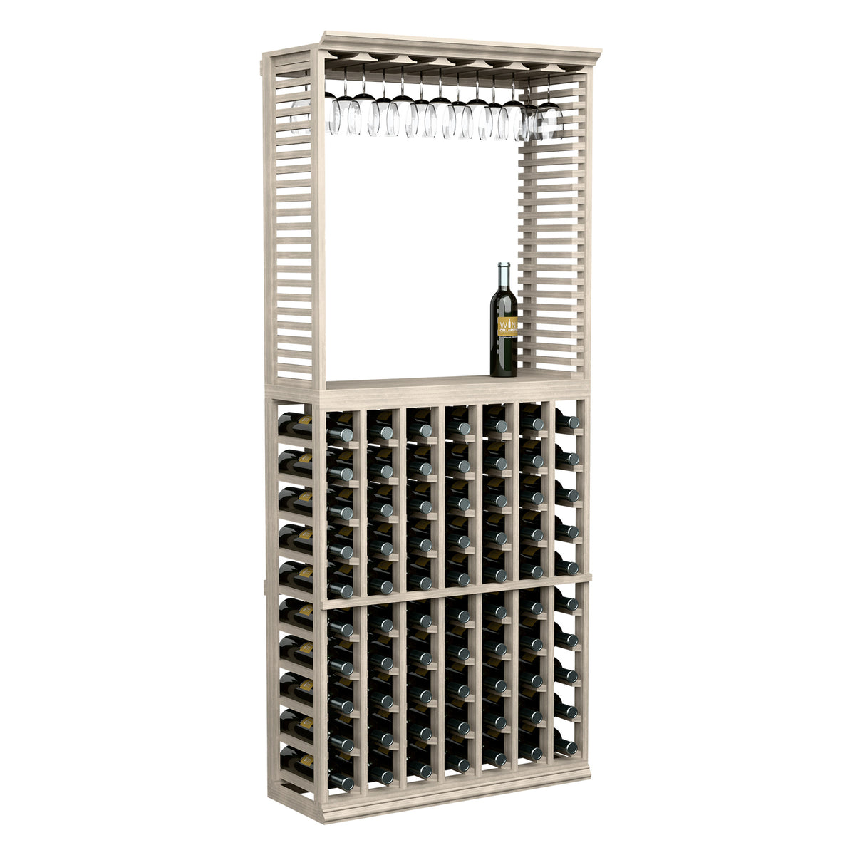6ft wine tasting station with stemware rack and multi-bottle storage, light wood finish