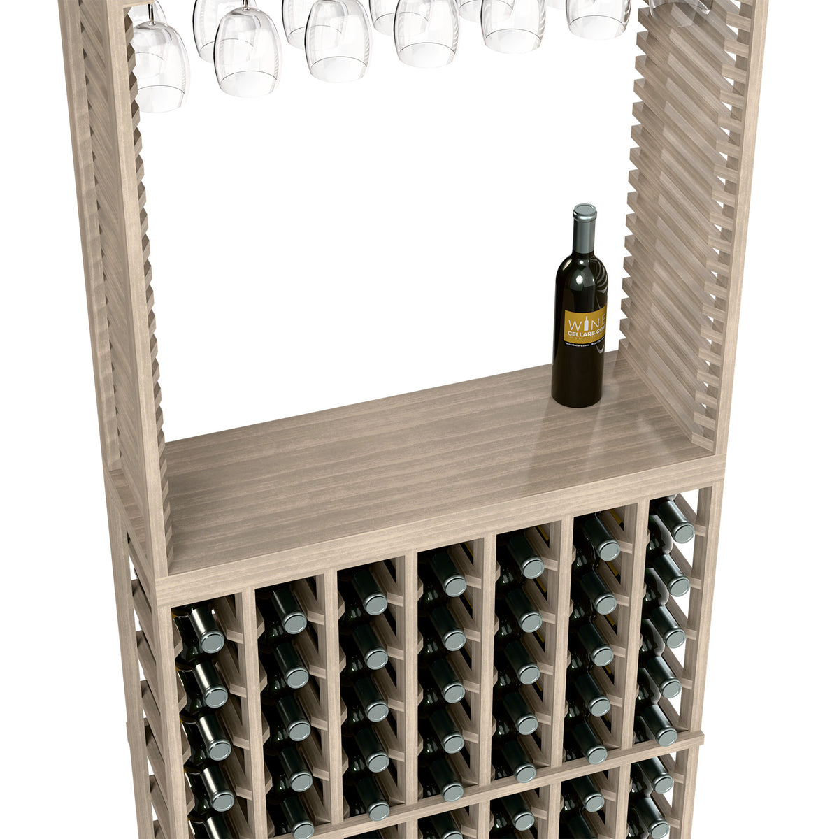 Wine tasting station with stemware rack, top shelf, and bottle racks, light frame
