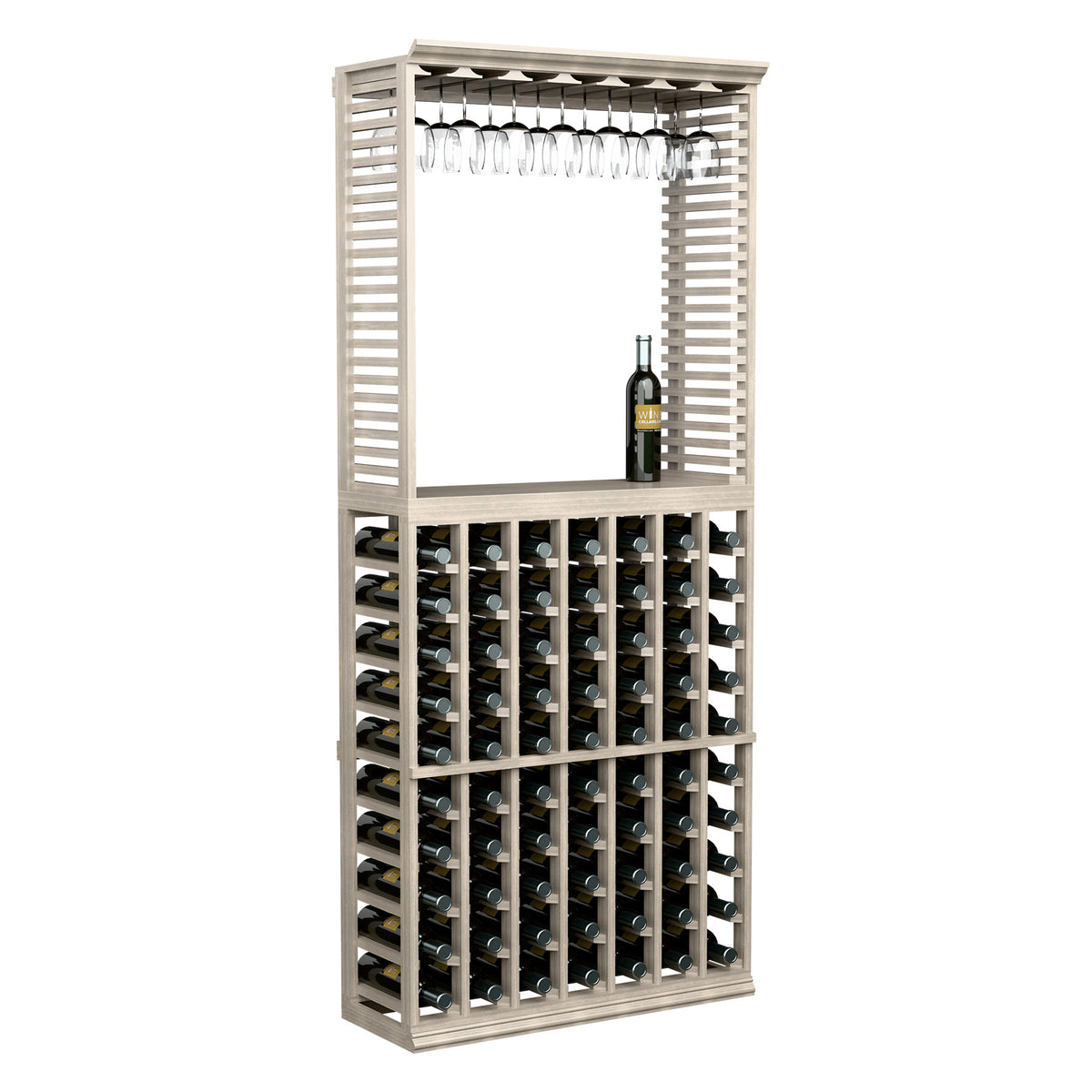 6ft wine tasting station with stemware rack and multi-bottle storage, light wood body