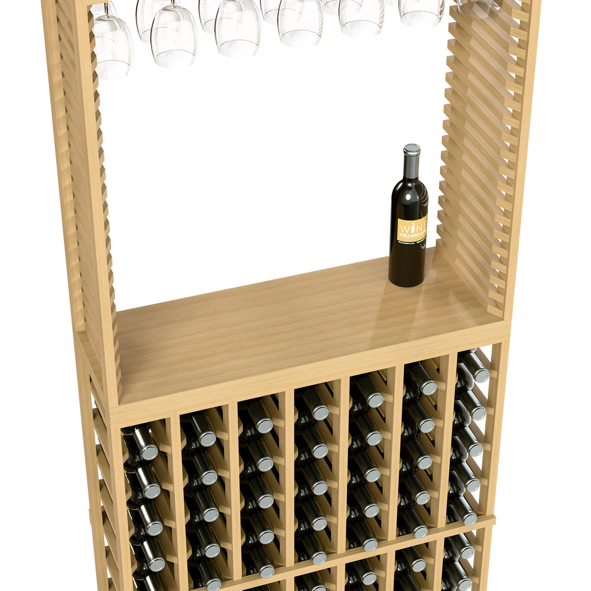 Wine tasting station with stemware rack, top shelf, and bottle racks, pale wood frame