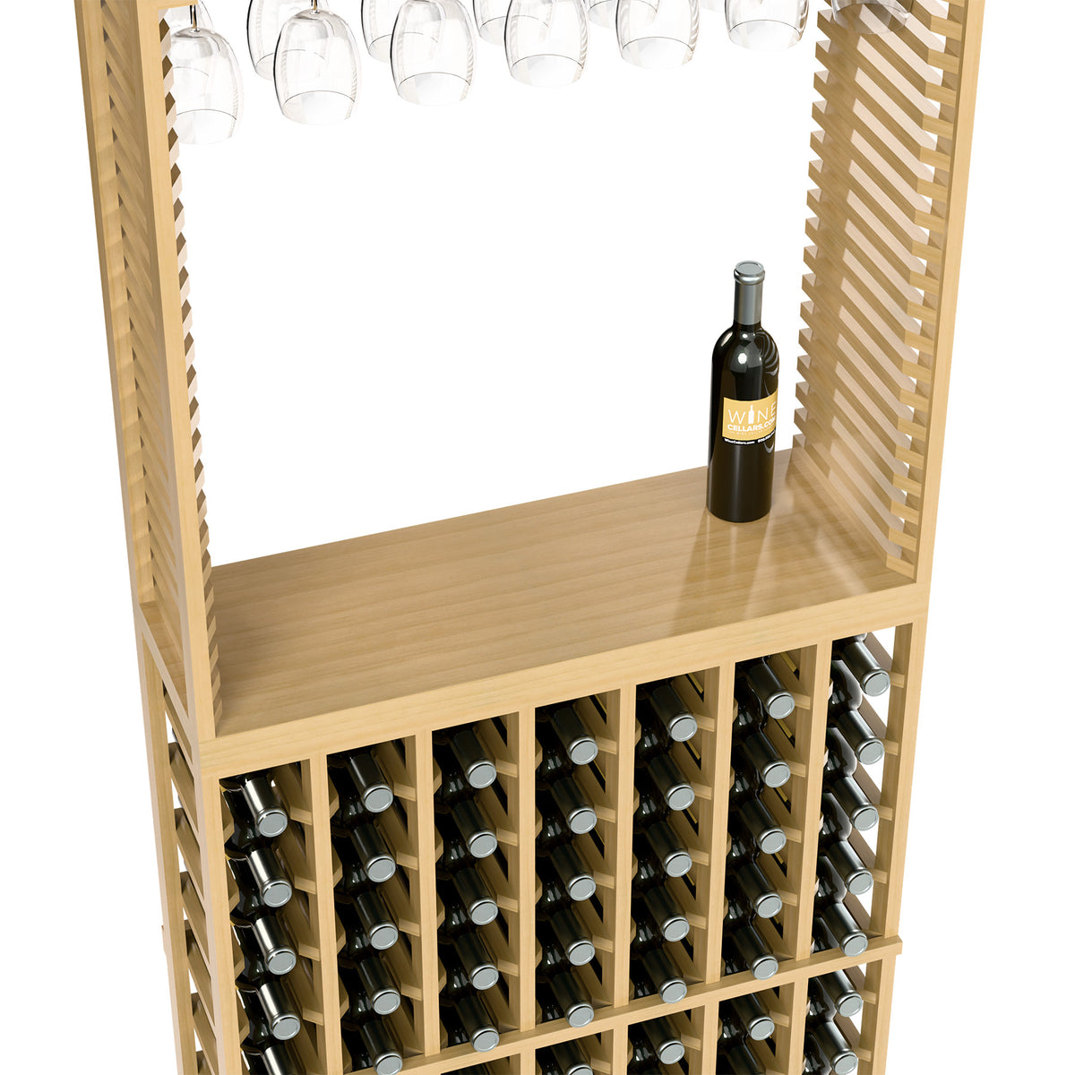 Light wood tasting station with stemware above and wine bottle storage shelves