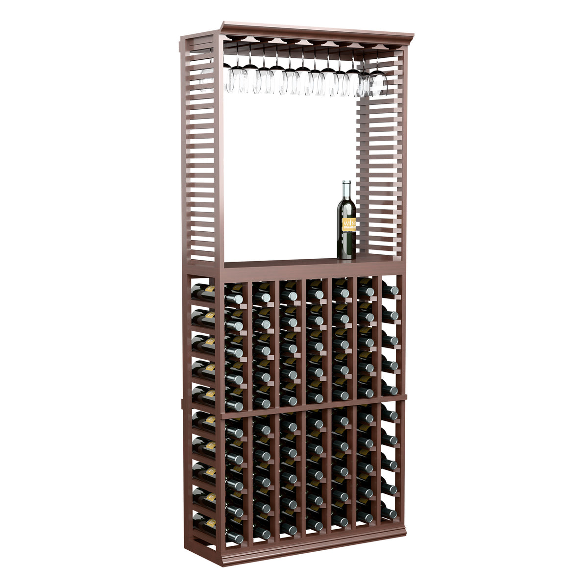 Dark wood wine tasting station with stemware rack and organized wine bottle slots