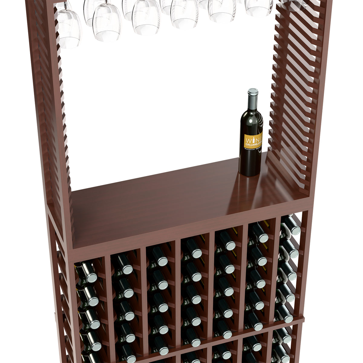 Dark wood tasting station with wine bottle display rows under a stemware rack