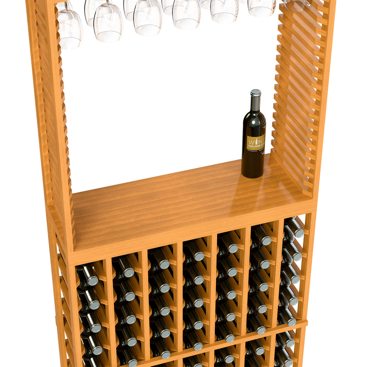Natural wood tasting station showing stemware row, bottle grid, and countertop